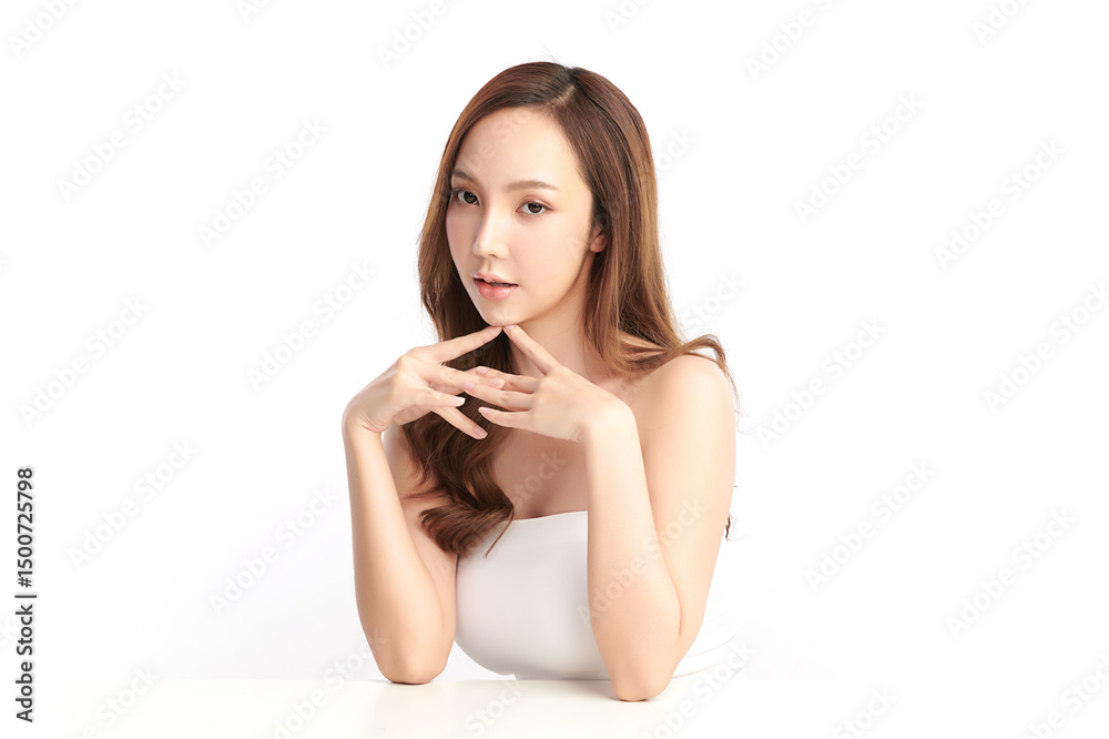 A beautiful young Asian woman with clean, fresh skin against a white background. Skincare, facial treatment, cosmetology, beauty, and spa. An elegant portrait of an Asian woman. A beautiful young Asian woman with clean, fresh skin against a white background. Skincare, facial treatment, cosmetology, beauty, and spa. An elegant portrait of an Asian woman.