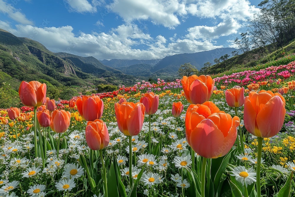 Orange tulips bloom in mountain valley Orange tulips bloom in mountain valley