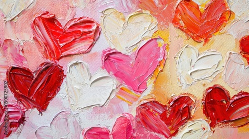 Colorful Abstract Hearts in Vivid Red and Pink Oil Paint Texture