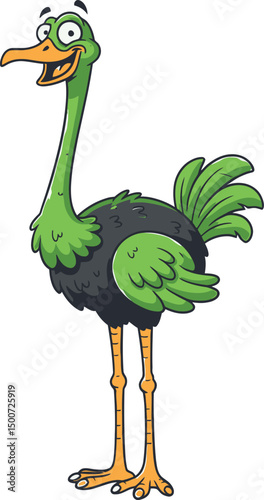 A cartoon illustration of a green dodo bird with a large beak, standing upright on long yellow legs, against a white background.
