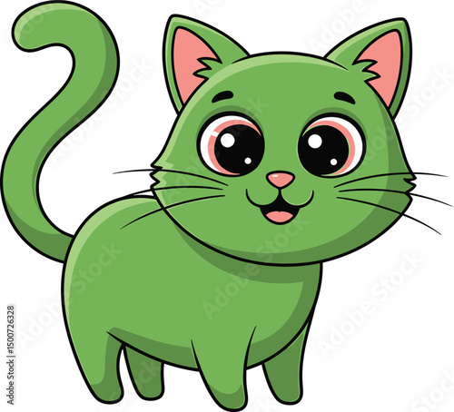 a cute green cartoon cat, large eyes, happy expression, detailed fur texture, 8k, highly detailed, digital art
