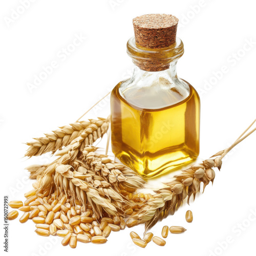Golden Wheat Germ Oil in Glass Bottle with Wheat Grains