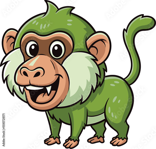 cartoon green monkey, cute wide-eyed expression, smiling, detailed features, whimsical, colorful, digital art, 4k, highly detailed
