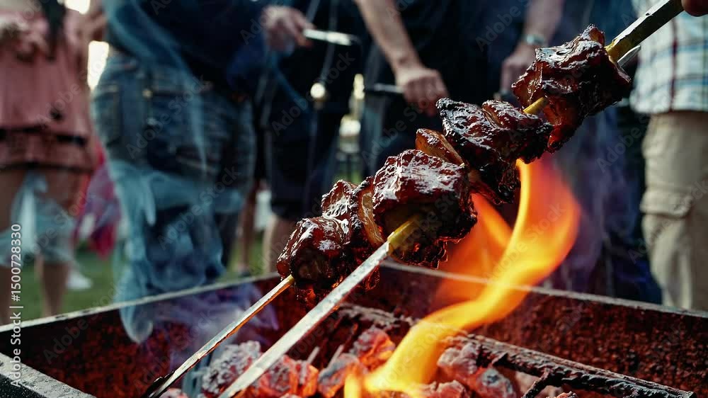 Juicy meat barbecue on skewers over open flame, grilled outdoors at food festival