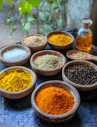 Wooden bowls of spices and oil