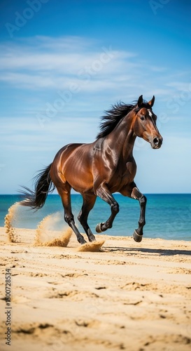 Majestic thoroughbred horse running on tropical beach with blue sea and clear sky

