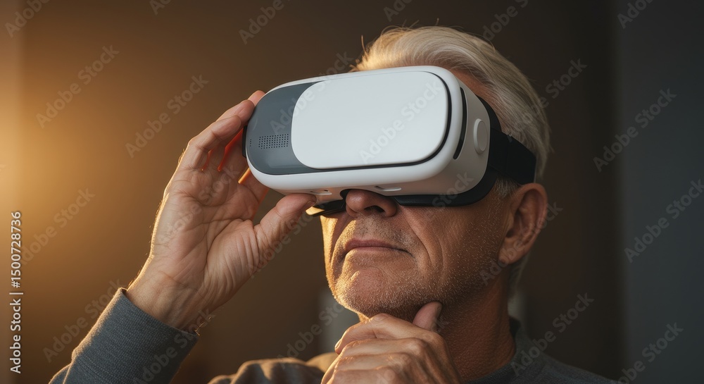 Fototapeta premium Senior Man Exploring Virtual Reality - An older man with gray hair uses a VR headset, experiencing immersive technology. Thoughtful expression