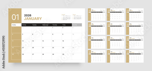 Monthly calendar layout for 2026 year. Diary planner for 2026 year. Week Starts on Sunday. 