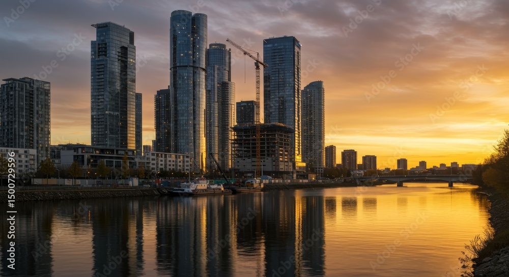 Fototapeta premium Skyline Sunset River Reflection Construction - Urban cityscape at sunset, reflecting in calm river waters. Construction cranes, modern skyscrapers