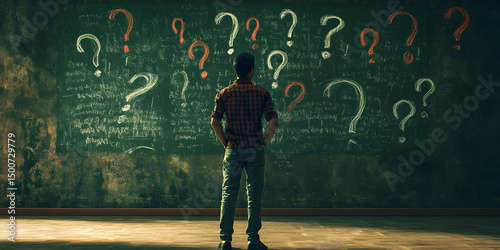 Man contemplating numerous questions on chalkboard