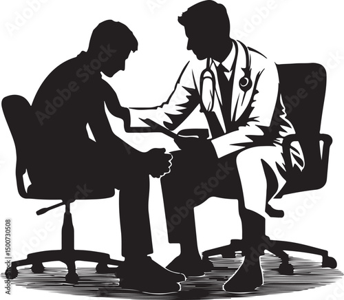 Silhouette of a doctor comforting a patient while reviewing documents in an office setting
