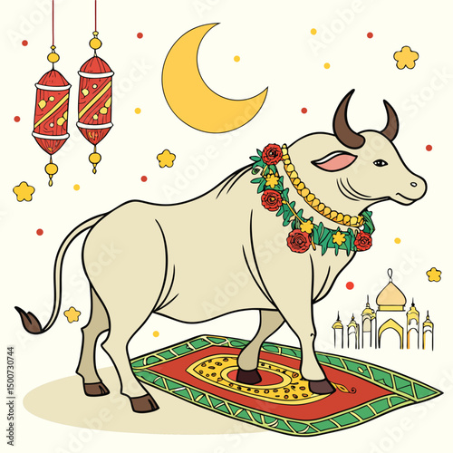 A noble bull stands gracefully on a prayer mat, adorned with marigold and rose garlands, beneath crescent moons and lanterns. The festive scene symbolizes the essence of Qurbani—faith, beauty