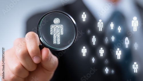 Professional analyzing opportunities using a magnifying glass.