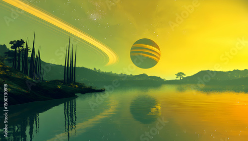 Alien Planet Lake and Rings