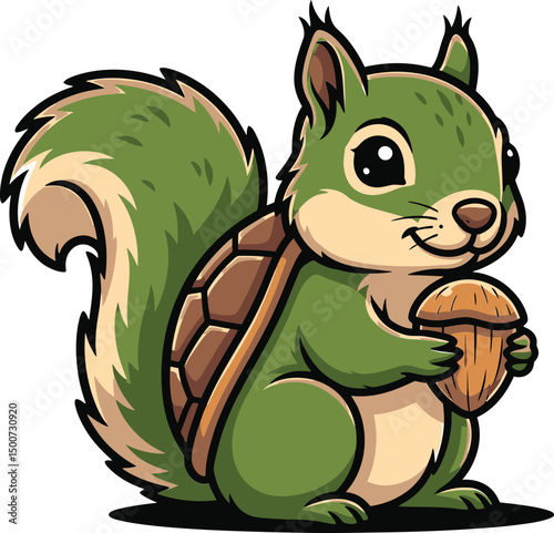 green squirrel, cute cartoon animal, bushy tail, big eyes, detailed, colorful, digital art
