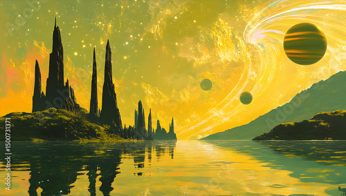 Alien landscape with lake and planets