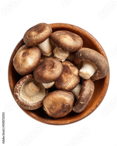 Fresh shiitake mushrooms in wooden bowl, showcasing their rich brown caps and creamy stems, evoke sense of natural goodness and culinary delight