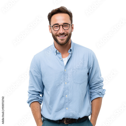 A smiling man with glasses and a blue shirt stands against a transparent background looking forward photo