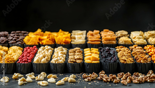Variety of Dried Fruits and Nuts in Rows
