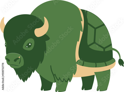 A digital illustration of a green, burly, and imposing bison, with a sturdy frame and distinctive horns. The animal has a rugged, textured appearance and a determined expression, conveying a sense of 