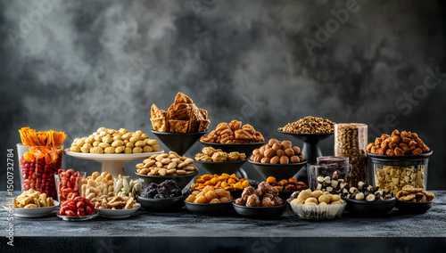 Variety of nuts and dried fruits in bowls
