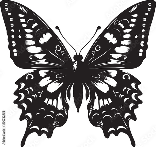 Detailed black and white illustration of a butterfly with intricate wing patterns