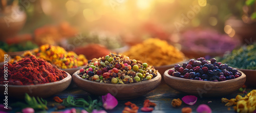 Colorful spices in bowls natural setting