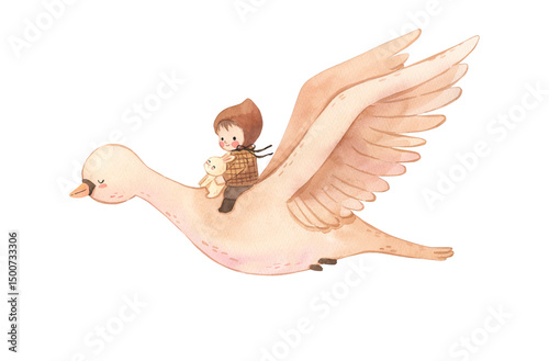 Watercolor baby and bunny fly on white bird, illustration for kids