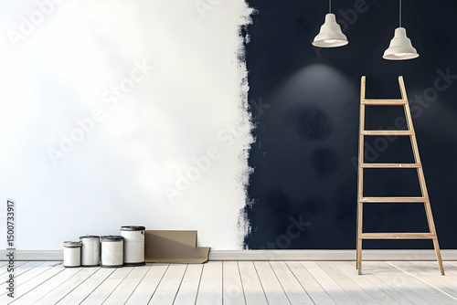 Half-painted wall room interior ladder paint cans