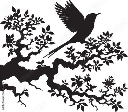 A monochromatic illustration of a bird perched on a flowering tree branch artfully drawn
