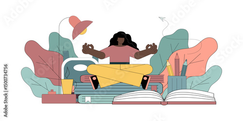 Student girl meditates sitting on books.eps