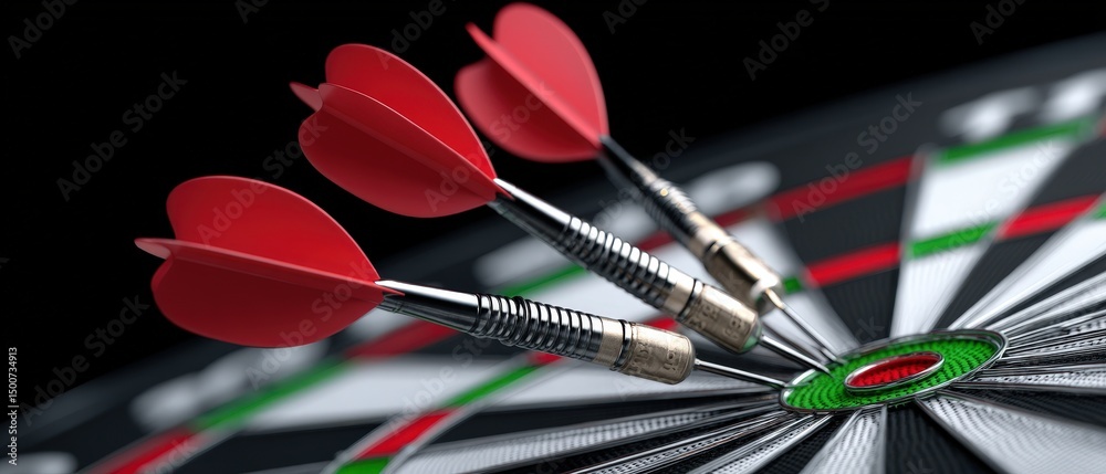 Three darts hit the bullseye on a dartboard. Three darts hit the bullseye on a dartboard.