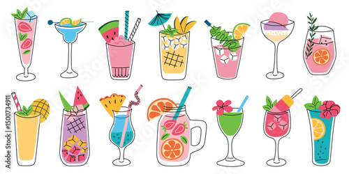 Vector illustration set of summer lemonades, fruity cocktails and mocktails in glass cups. Flat cartoon tropical drinks with ice, berries, herbs, mango, strawberry, and citrus, trendy bright icons