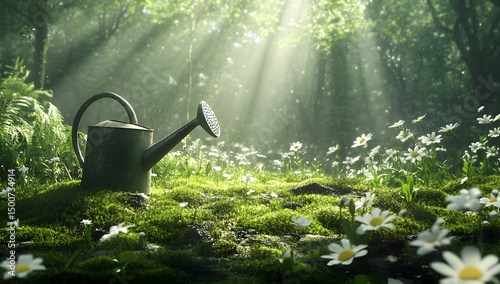 Watering Can in Mossy Forest with Daisies