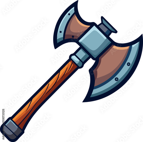 Medieval Double-Edged Battle Axe Cartoon Illustration – Viking Weapon, Fantasy Art, Historical Tool, Warrior Gear, Ancient Combat Equipment, Decorative Blade, Armory Graphic
