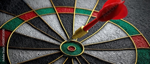 Close-up of a dart hitting bullseye on dartboard.