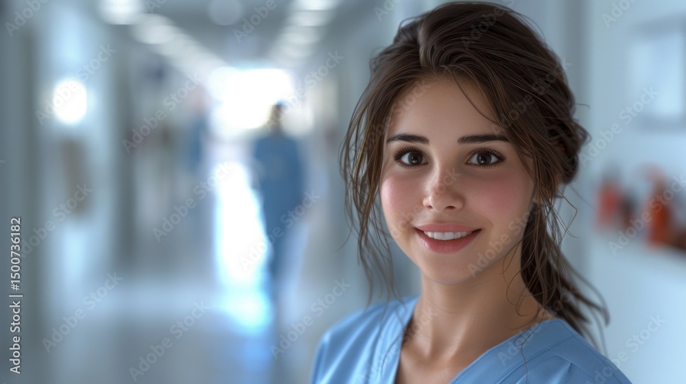 A female doctor in blue uniform with a beaming smile walking down the hospital corridor, exuding positivity and approachability in the medical environment. A female doctor in blue uniform with a beaming smile walking down the hospital corridor, exuding positivity and approachability in the medical environment.