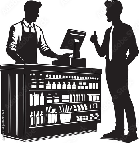 Silhouette of a cashier and customer at a store counter with various products displayed