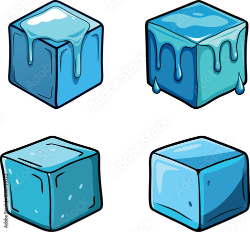 Cartoon Illustration of Ice Cubes in Various Melting States – Dripping Water, Frozen, Thawing, Liquid Transition, Blue Ice Blocks