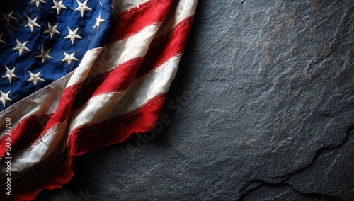 Weathered American flag on dark stone background.