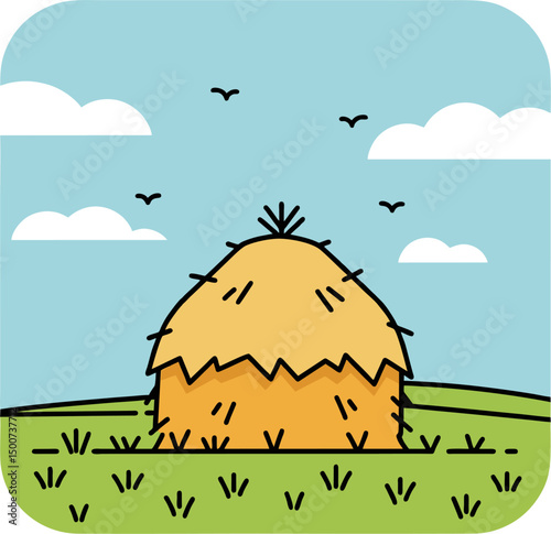 Flat Cartoon Haystack in Pasture Vector – Minimalist Farm Landscape Illustration with Clear Sky and Birds for Agricultural and Nature Themes