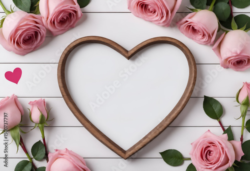 Pink rose flowers and heart with space for text