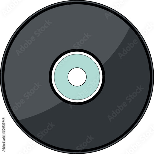 High-Resolution Vector Illustration of a Black Compact Disc (CD) or Digital Versatile Disc (DVD) with Reflective Surface, Central Hole, and Optical Media Design for Data Storage, Music, Video, Backup