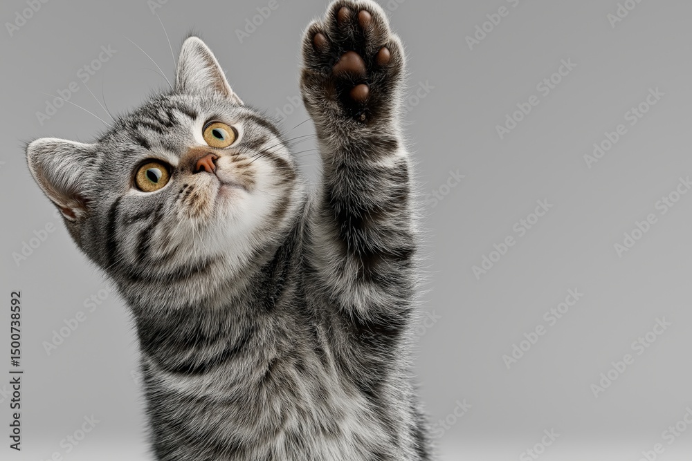 Obraz premium Adorable tabby kitten raising its paw playfully against a simple gray backdrop, capturing a moment of feline curiosity and charm