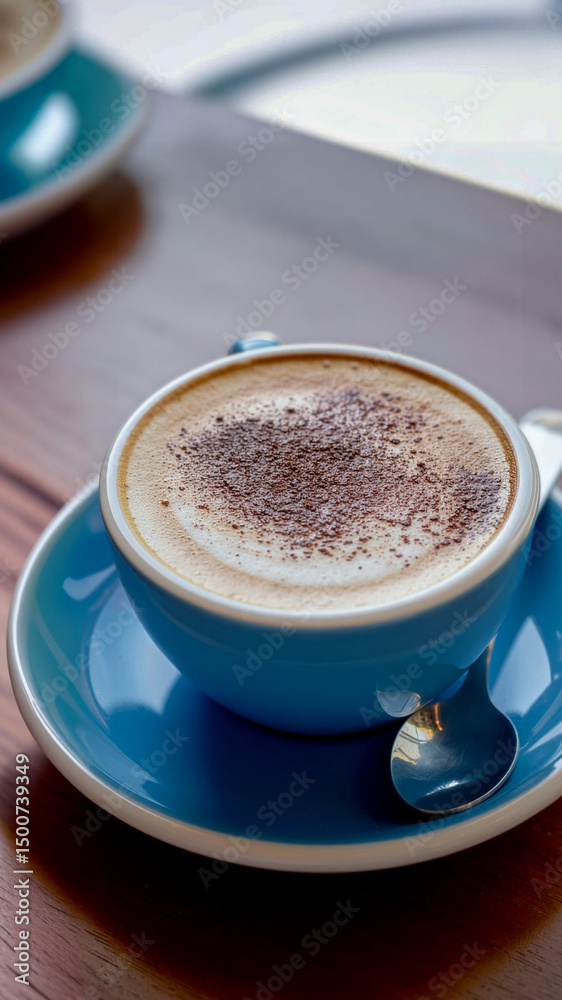 Obraz premium ココアパウダーをふりかけたカプチーノでコーヒーブレイク