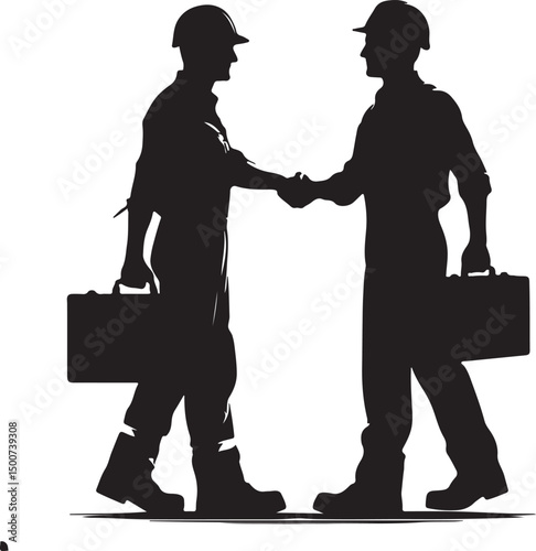 Silhouette of two construction workers shaking hands with toolboxes on white background
