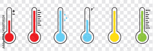 Thermometer with temperature scale, climate control, weather change, vector flat three-color icons with sunny or snowy day, weather pictogram. Thermometer temperature icon on transparent background