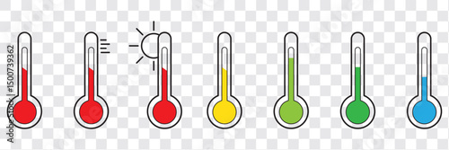 Thermometer with temperature scale, climate control, weather change, vector flat three-color icons with sunny or snowy day, weather pictogram. Thermometer temperature icon on transparent background