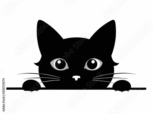 Black cat peeking vector animal silhouette, Black Cat Peeking, Cat silhouette peeking pet. Vector illustration

