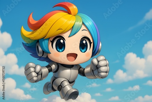 cute rainbow haired robot running on clouds with blue sky background for use in fantasy, animation, or children's projects